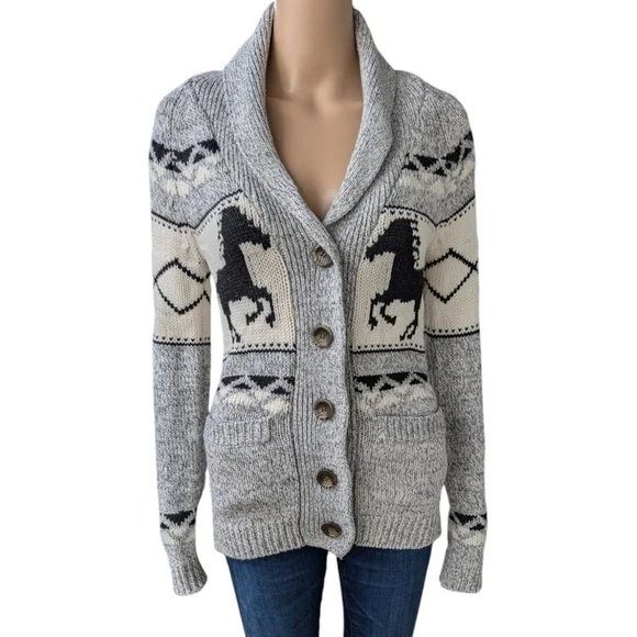 Bluenotes Cowichan Western Aztec Horse Knit Cardigan Shawl Collar XS - Picture 2 of 10
